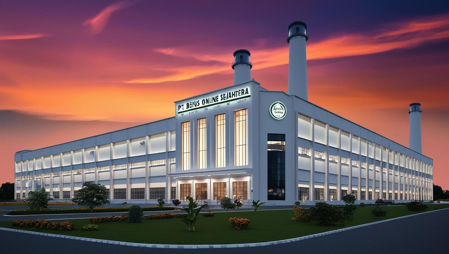 buatkan gambar pabrik INDUSTRI TEMBAKAU megah REALISTIS dengan nama PT BISNIS ONLINE SEJAHTERA