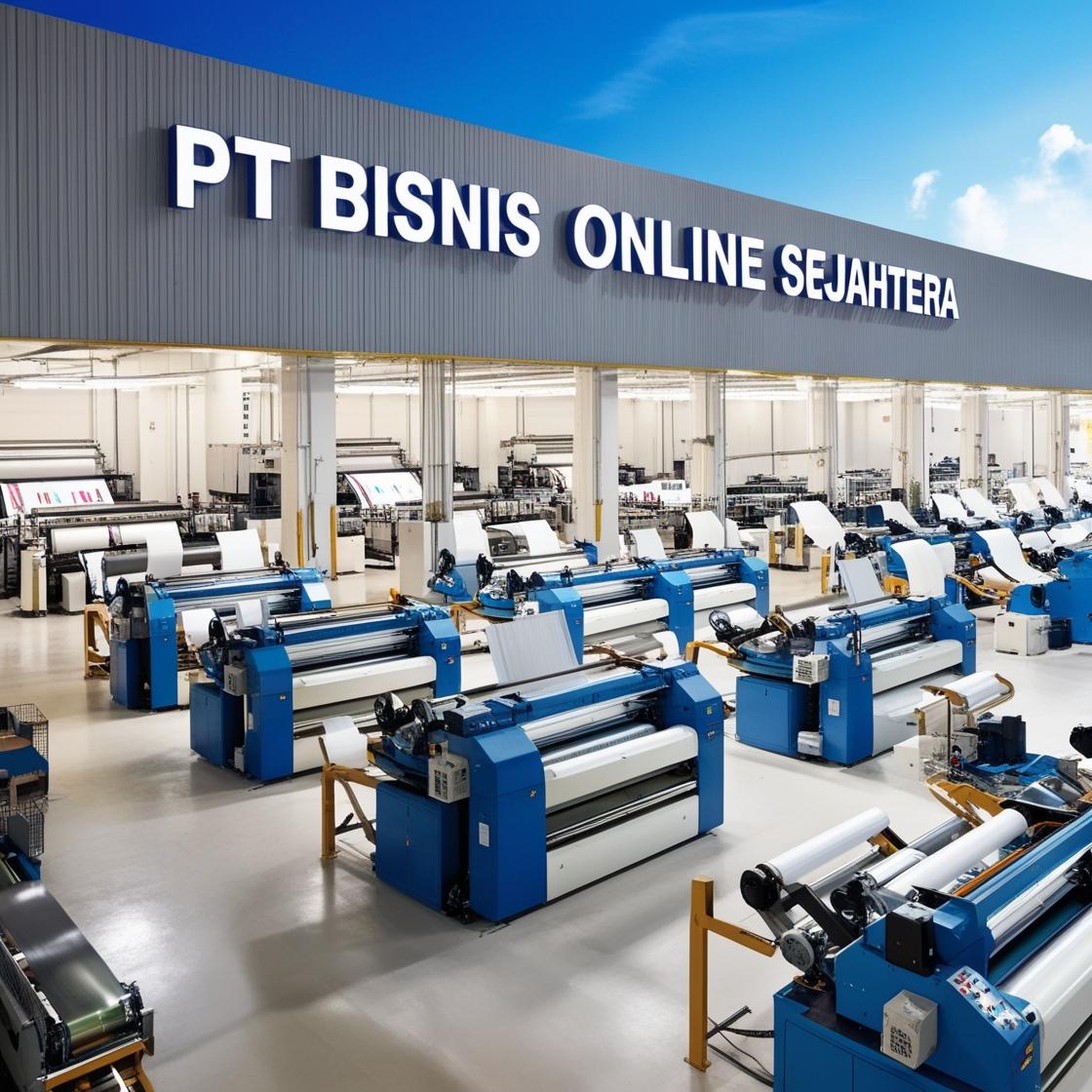 buatkan gambar pabrik PRINTING megah dengan nama PT BISNIS ONLINE SEJAHTERA (2)
