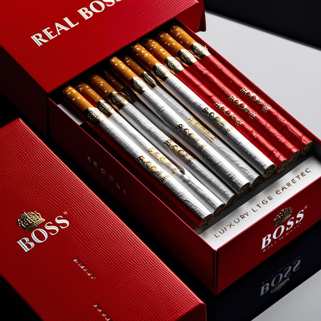 buatkan gambar rokok mewah dengan merk real boss tanpa packaging menggunakan aksen dominan warna merah (1)