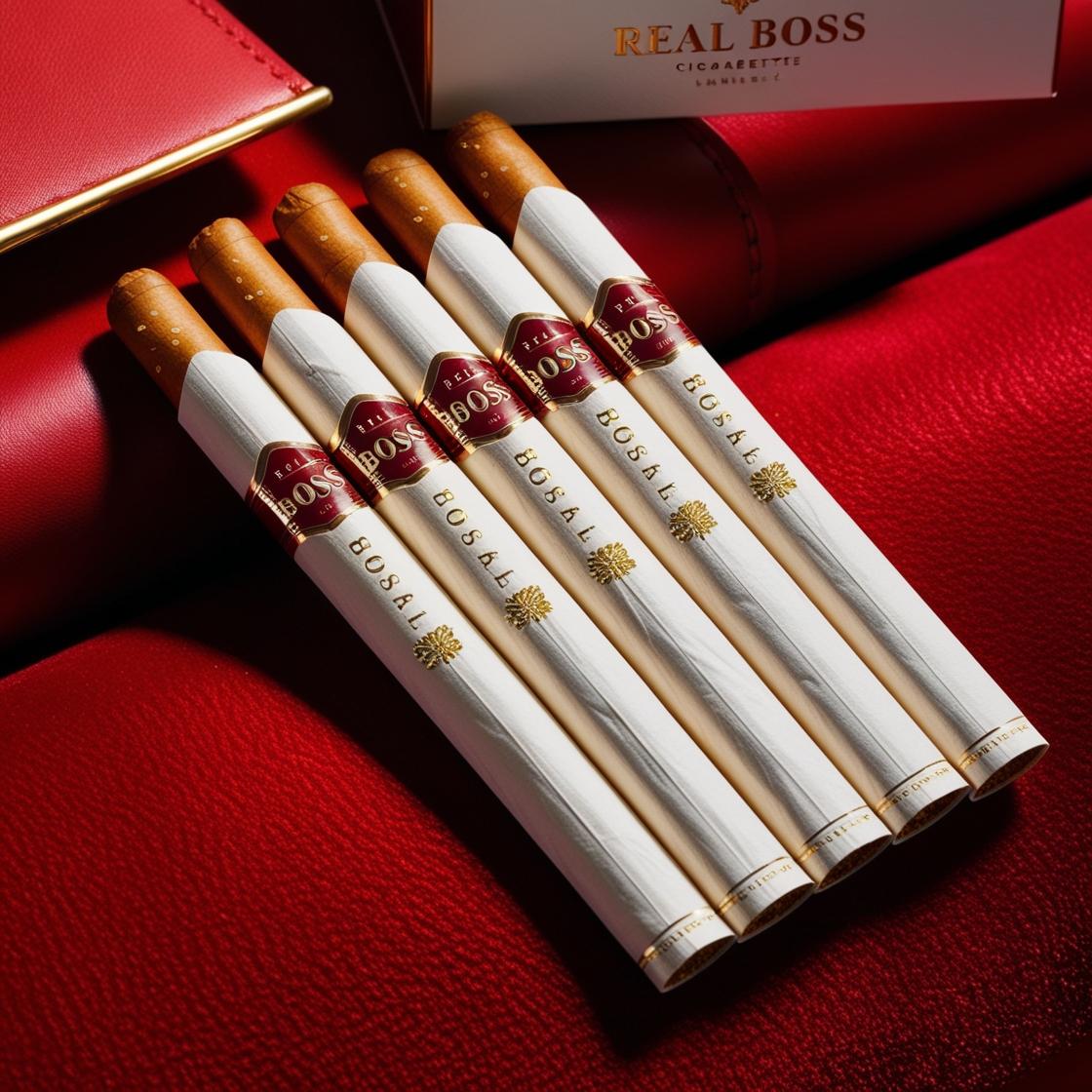buatkan gambar rokok mewah dengan merk real boss tanpa packaging menggunakan aksen dominan warna merah